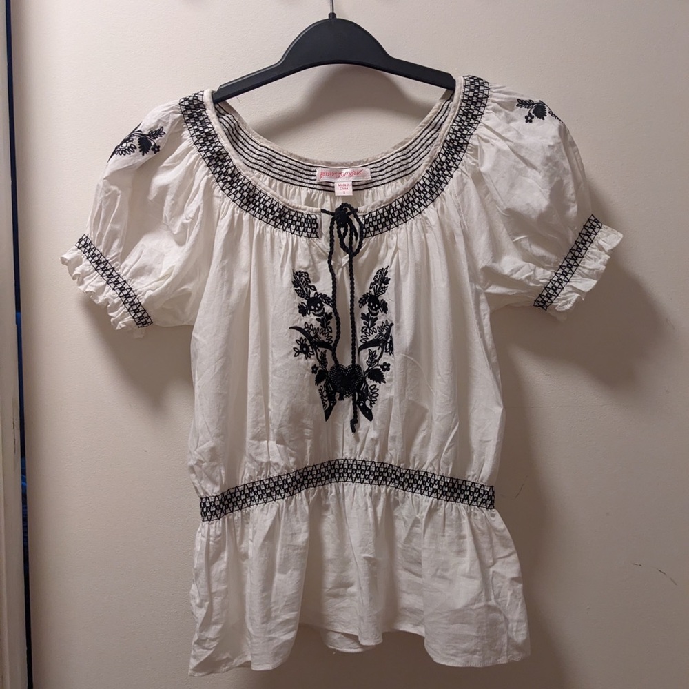 Vintage Betsey Johnson White Blouse with Black Embroidery